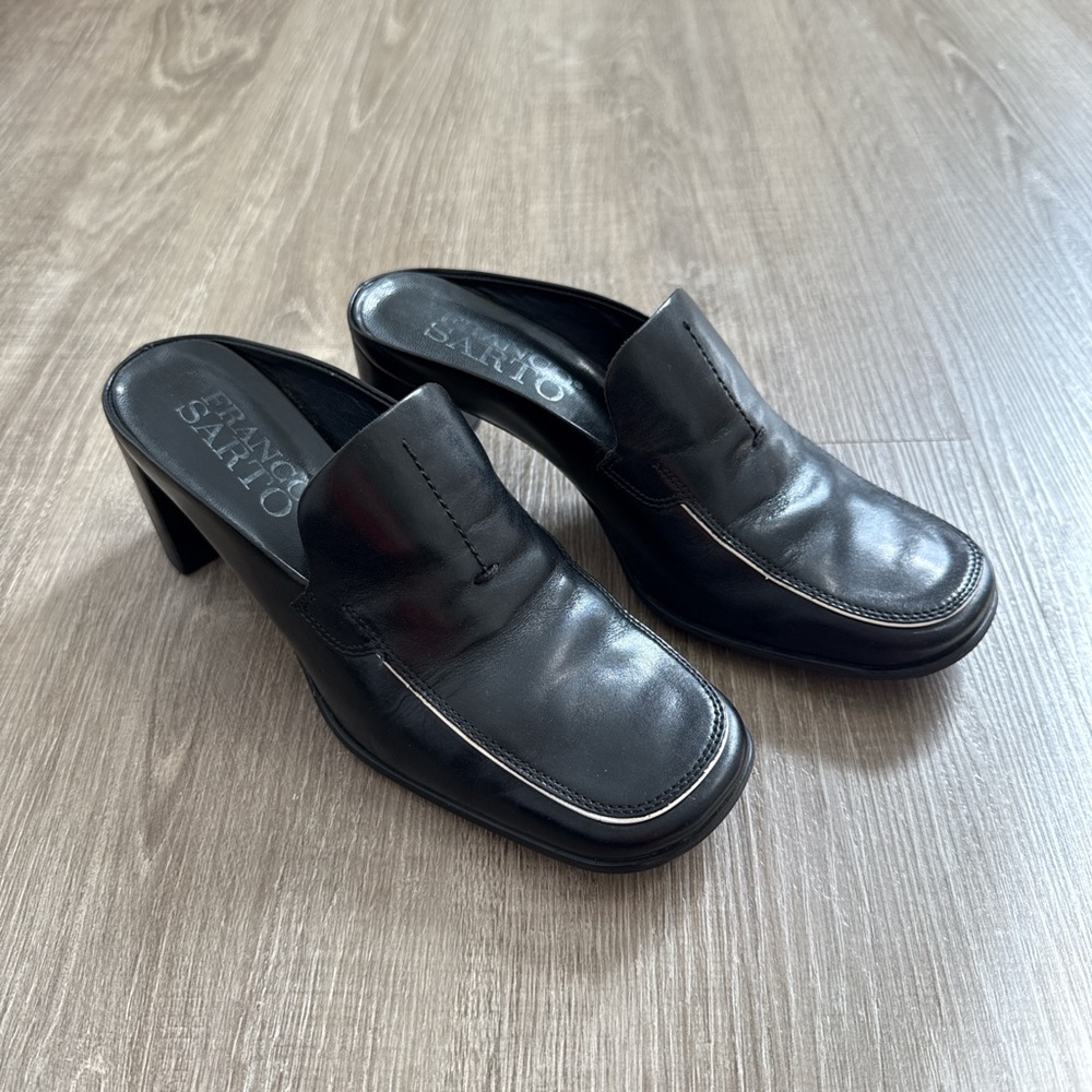 Franco Sarto Black Leather Block Heeled Mules Made In Brazil Square Toe Size 6.5